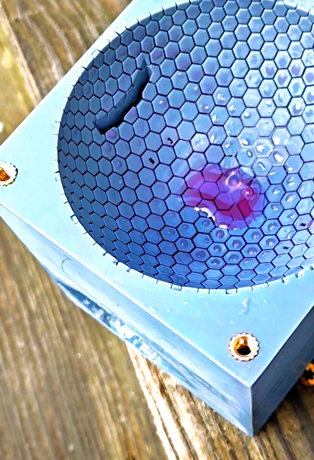 Dyed water spreading through the channels after a drop